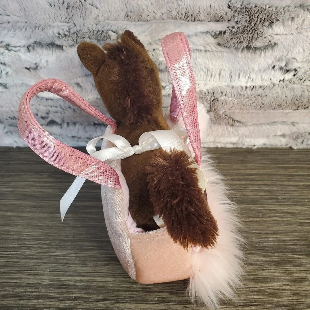 Aurora Plush Brown Horse W/ Pink Sequins Carrying Purse Pouch - Picture 3 of 8